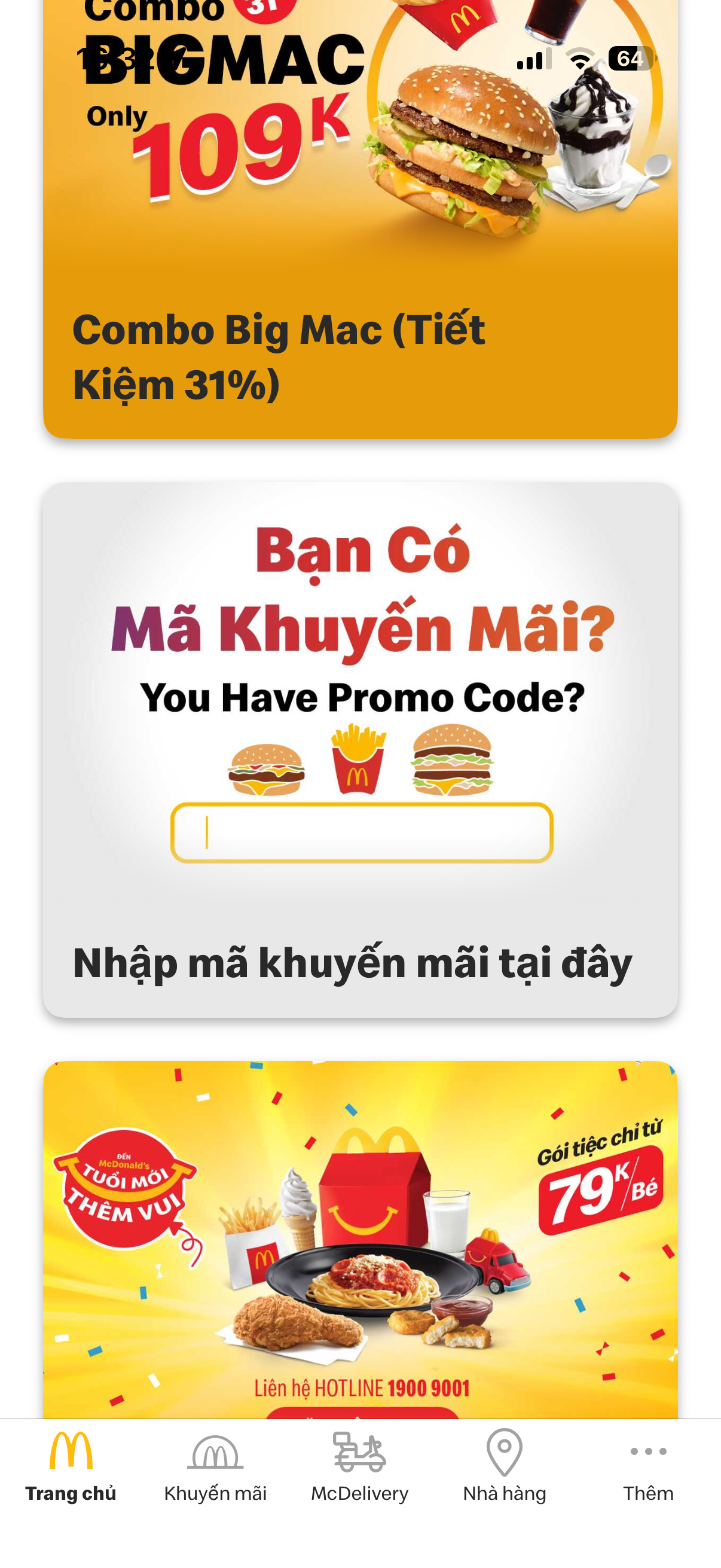 Trang chủ app McDonald's có banner Bạn Có Mã Khuyến Mãi