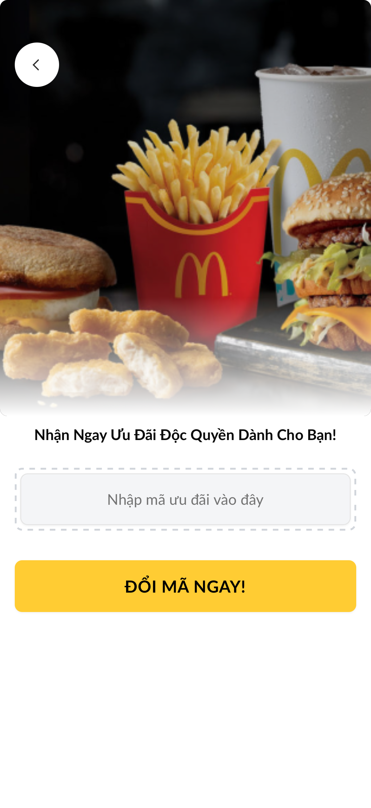 Màn hình nhập mã ưu đãi