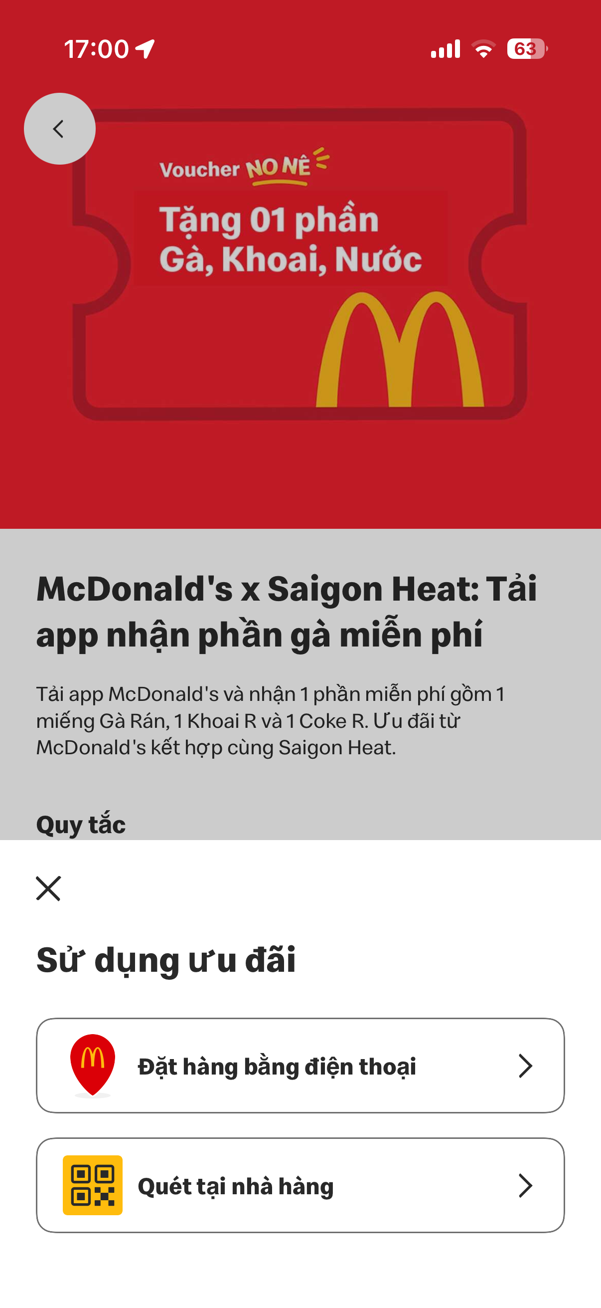 Màn hình sử dụng ưu đãi và chọn quét tại nhà hàng